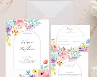 Colorful Floral Wedding Invitation Suite Bundle, Wildflower Wedding Invite, RSVP & Details Card, Editable Canva Template, Watercolor Wedding