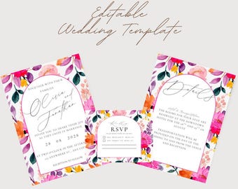 Colorful Floral Wedding Invitation Suite Bundle, Wildflower Wedding Invite, RSVP & Details Card, Editable Canva Template, Watercolor Wedding