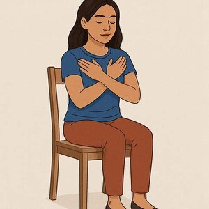 May include: Illustration of a person sitting on a wooden chair, eyes closed, arms crossed over the chest. The person is wearing a blue t-shirt and rust-colored pants. The background is a solid beige color.