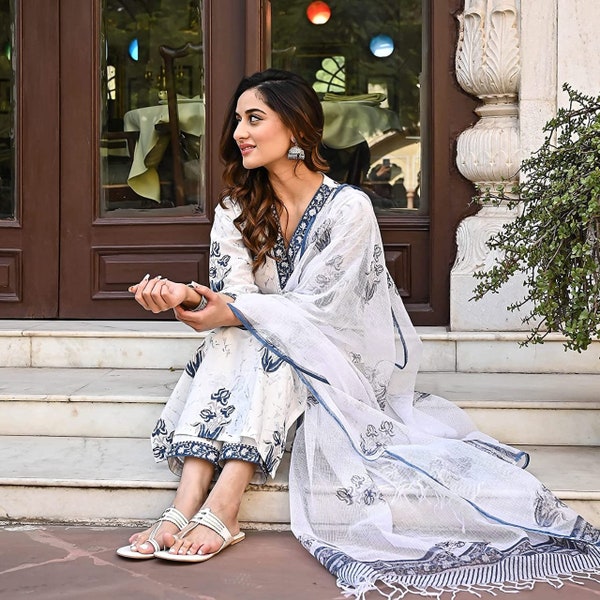 Pure Cotton White Ethnic Jaipuri Print Kurta Palazzo Malmal Dupatta set | Indian Ethnic Summer Wear Women Kurta Pakistani suit Ready made