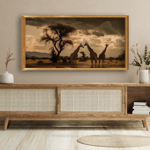 Samsung Frame TV art, Tanzania Three Giraffes. Africa Landscape Painting Samsung Frame TV Art Home and Wall Décor Digital Download