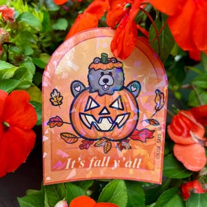 Kodi Bear Says Hi - Fall theme, vinyl waterproof stickers, laptop decal, water bottle stickers, bumper stickers, cute bear stickers