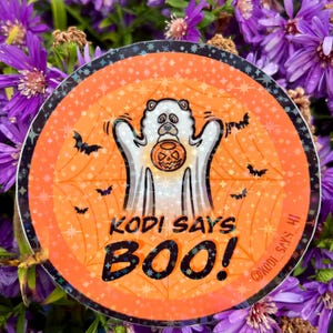 Kodi Bear Says Hi - Fall theme, vinyl waterproof stickers, laptop decal, water bottle stickers, bumper stickers, cute bear, halloween