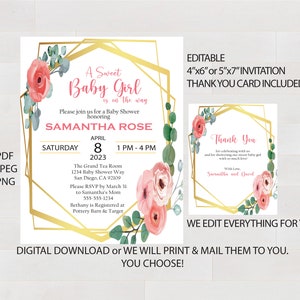 Floral Baby-Dusche-Einladung Bearbeitbare Baby-Dusche-Einladung Blumen-Baby-Dusche Digitaler Download Einladung Dankeschön-Karte druckbare Invite