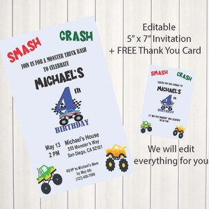 Invitation anniversaire Monster Truck, Invitation Monster Truck, Invitation pour les garçons, carte de remerciement, numérique, imprimable ou expédiée, modifiable