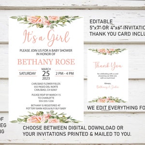 Invitación floral para baby shower y tarjeta de agradecimiento, invitación floral para baby shower, tarjeta de agradecimiento, editable, personalizable, descarga digital, PDF