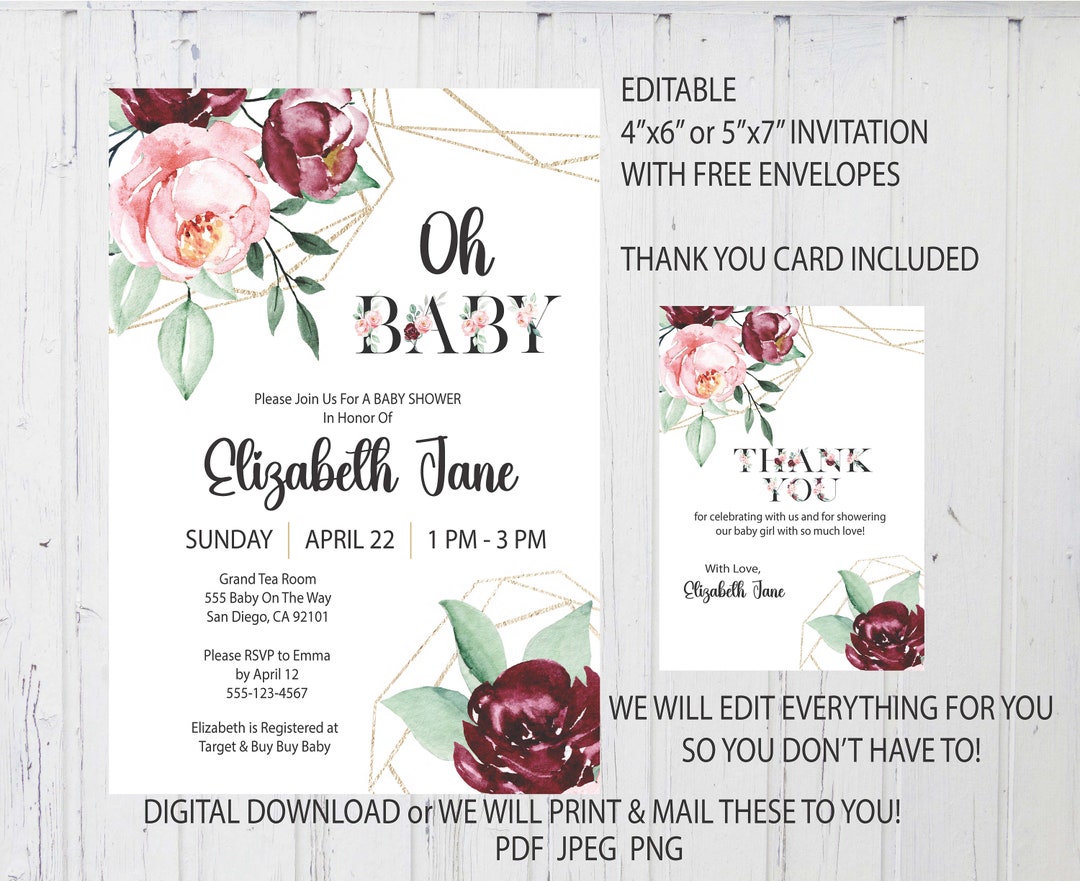 Editable Floral Baby Shower Invitation Oh Baby Its A Girl Digital