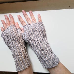 Light gray fingerless mittens, cable knit, driving mitts