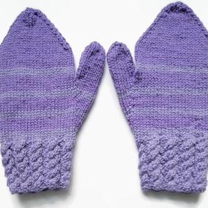 Purple striped mittens, wool knitwear, average size for women, cable knit design