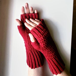 Red textured fingerless mittens, knit texting mitts, gifts for women