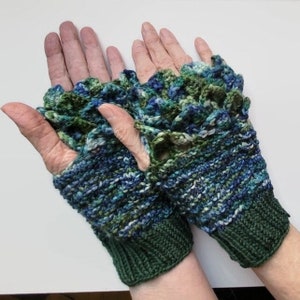 Green and blue dragon scale gloves, fingerless mittens