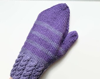 Purple striped mittens, wool knitwear, average size for women, cable knit design