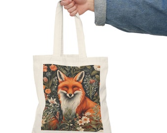 Fox Tote Bag | Foral, Flower and Fox Cotton Tote Bag | Cotton Canvas Fabric | 100% Natural