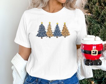 メリークリスマスツリーシャツ、メリー&ブライトクリスマスツリーシャツ、レディースクリスマスシャツ、ホリデーシャツ、かわいいクリスマスシャツ、クリスマスツリー