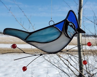 Stained glass bird, stained glass Blue Jay, sun catcher, interior decoration, stained glass art, nature stained glass, glass art, gift.