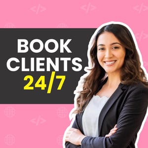 Pode incluir: Uma mulher sorridente de blazer preto e blusa branca em frente a um fundo rosa com uma faixa cinza escuro. A faixa exibe o texto "BOOK CLIENTS 24/7" em branco e amarelo.