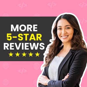 May include: A woman in a black blazer and white top smiles, with the text "MORE 5-STAR REVIEWS" and five gold stars on a black background. The background is pink with white icons.
