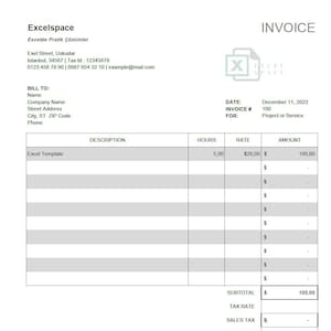 Könnte beinhalten: Eine schwarz-weiße Rechnung mit dem Titel "Excelspace" und dem Text "Excelde Pratik Çözümler". Die Rechnung enthält eine Beschreibung, Stunden, Tarif und Betrag für eine Dienstleistung namens "Excel Template". Der Gesamtbetrag beträgt 100,00 €.