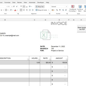 May include: A spreadsheet invoice template with the title "Excelspace" and the text "Excelde Pratik &Ccedil;&ouml;z&uuml;mler" in the header. The invoice is dated December 11, 2022, and includes a description, hours, rate, and amount columns. The invoice number is 100 and the invoice is for a project or service.