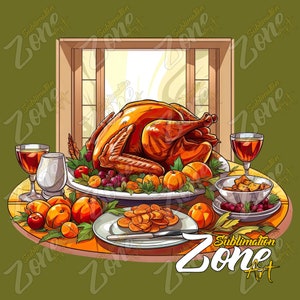 Könnte beinhalten: Ein Thanksgiving-Dinner-Tisch mit einem gebratenen Truthahn, Beilagen und Weingläsern. Der Tisch ist mit einer weißen Tischdecke und einer Auswahl an Obst und Gemüse gedeckt.