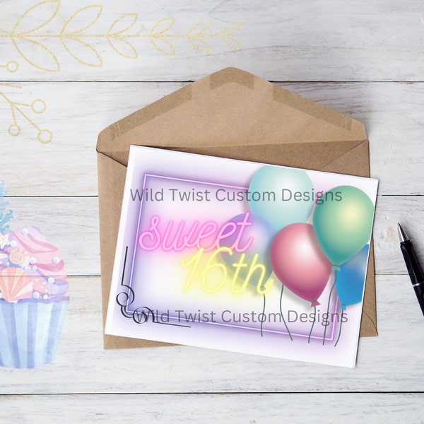 Sweet 16th, printable birthday card, Instant download Birthday Card, 2in1 birthday card, balloons, cupcake, teenagers, digital download