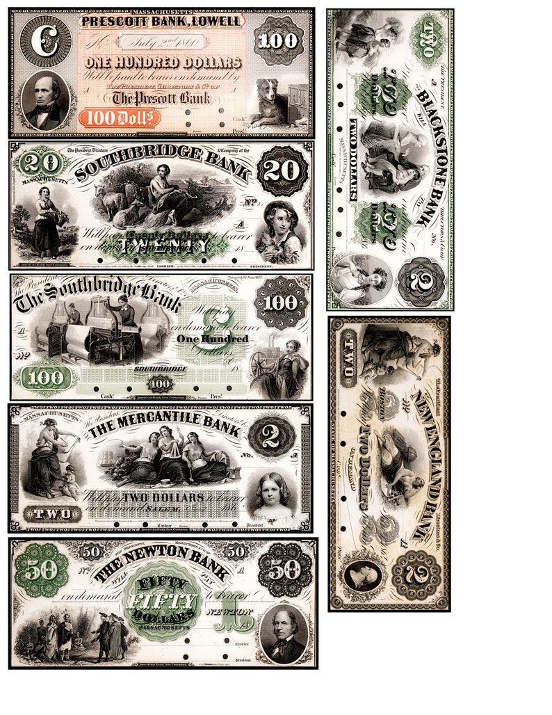 112 Piece ALL DIFFERENT Antique Bank Notes Digital Scrapbook Junk ...