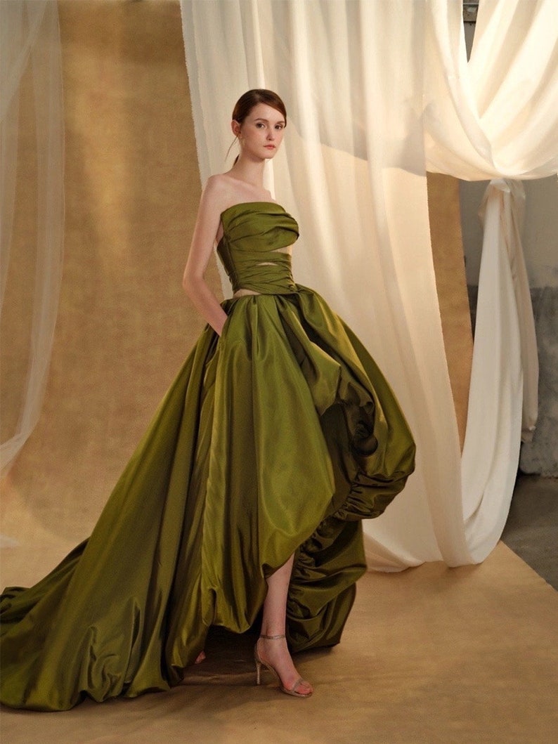 Green Satin Ball Gown Princess Evening Dress, Green Formal Dress Prom Dress main image 1