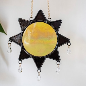 Black and Iridescent Amber Sun Stained Glass and Crystal Suncatcher image 1