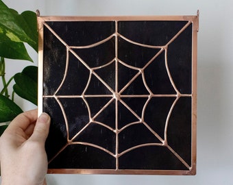 Copper Spider Web Stained Glass Panel