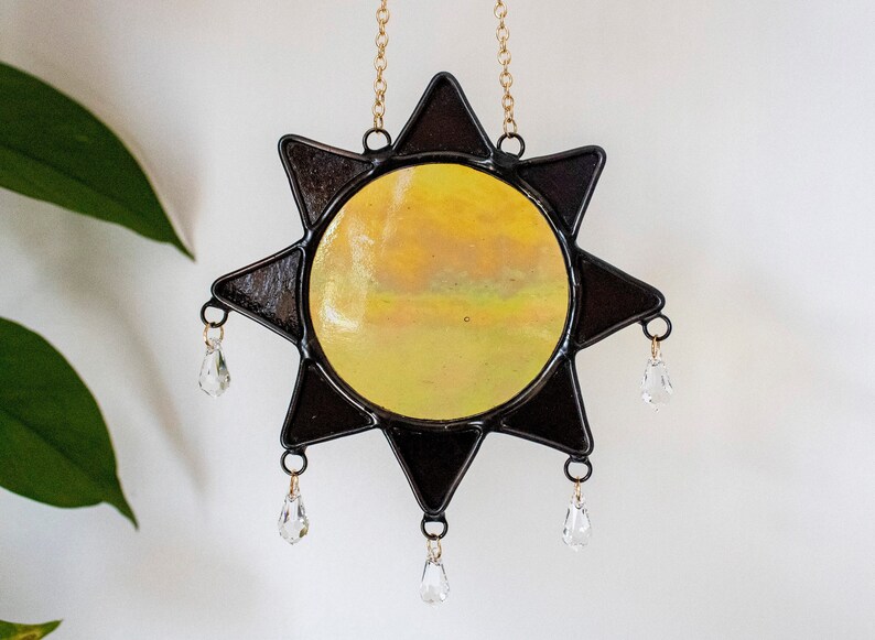 Black and Iridescent Amber Sun Stained Glass and Crystal Suncatcher image 1