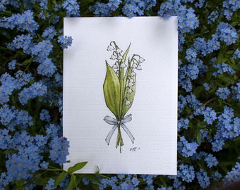 Hand Painted Watercolor Lily of the Valley Print with Iridescent Ribbon