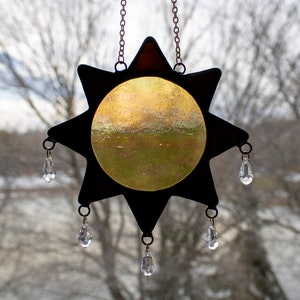 Black and Iridescent Amber Sun Stained Glass and Crystal Suncatcher image 4