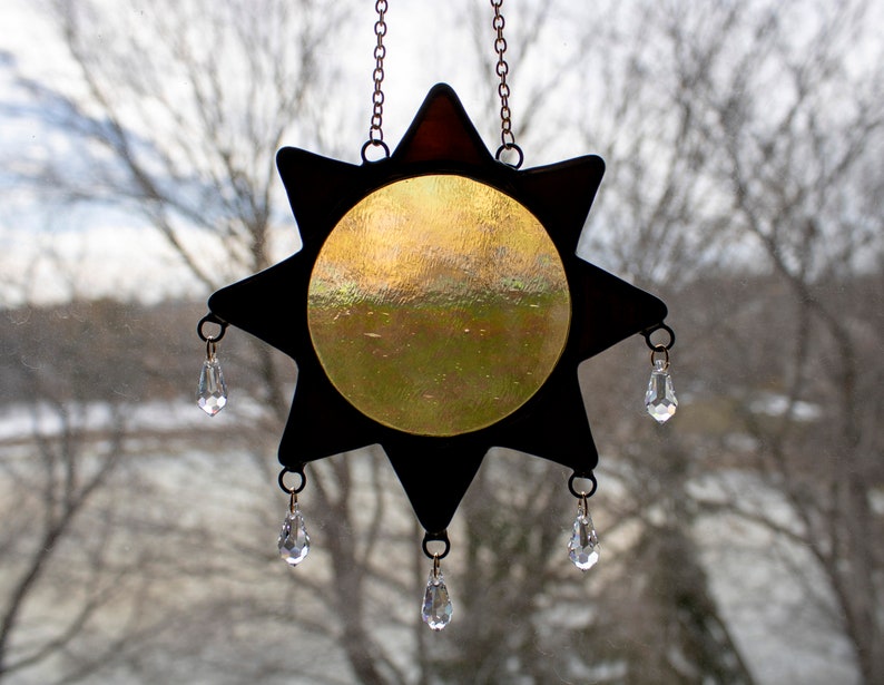 Black and Iridescent Amber Sun Stained Glass and Crystal Suncatcher image 4
