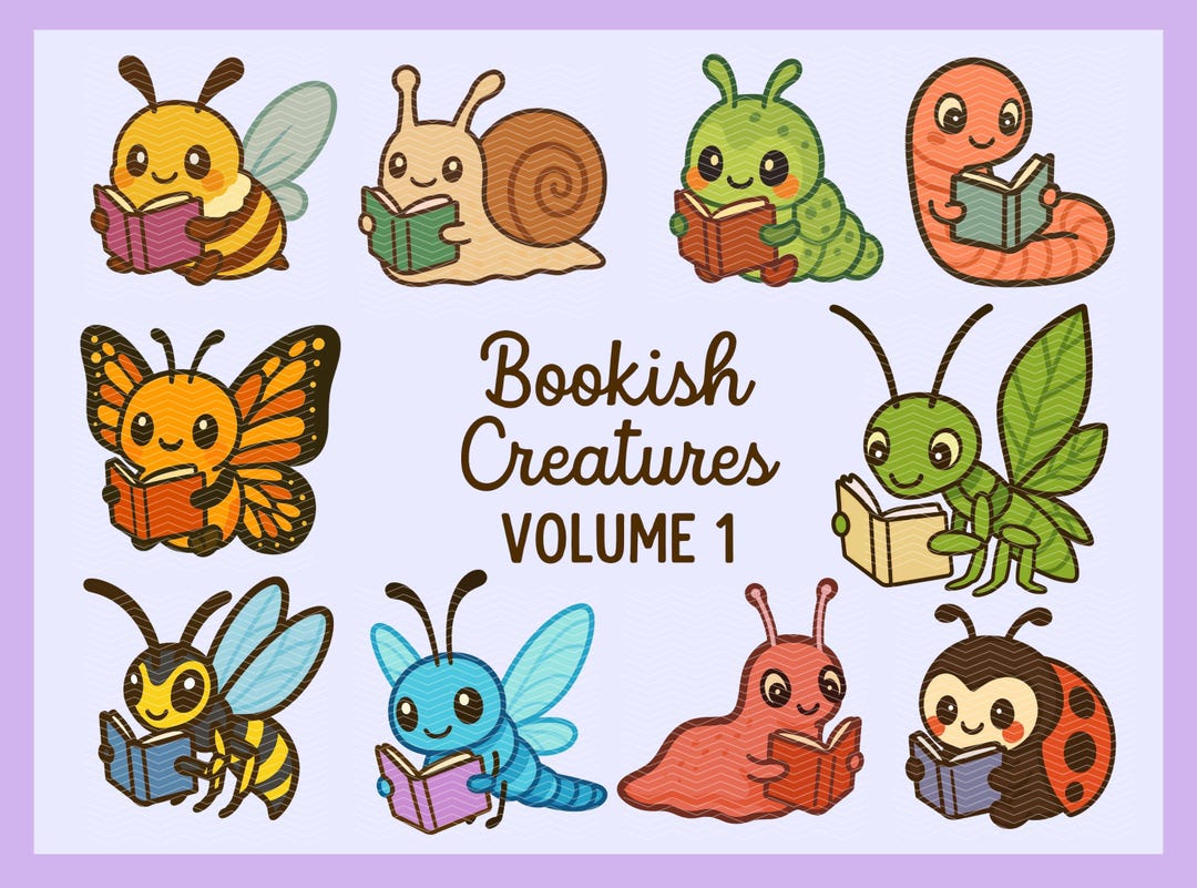 Bookish Creatures PNG Bundle | Reading Bugs Clipart | Whimsical Insects ...