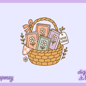 May include: A digital illustration of a woven basket filled with books. Each book has a floral design and a different pastel color. A tag that says "BOOK LOVER" hangs from the basket. The image has a light purple background.