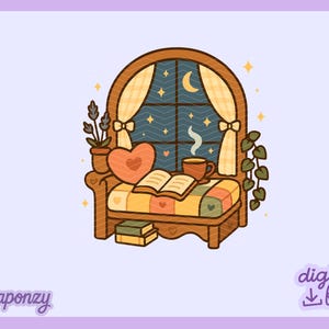 Könnte beinhalten: Illustration einer gemütlichen Leseecke mit Blick auf einen Nachthimmel mit Sternen und einem Mond. Ein Holzarmstuhl beherbergt ein Buch, ein herzförmiges Kissen und eine Tasse Kaffee. Eine Topfpflanze und ein Stapel Bücher sind ebenfalls vorhanden.