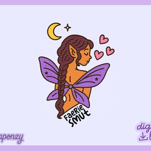 May include: A digital illustration of a fairy with purple wings, a crescent moon, and hearts. The fairy has brown hair and skin, with the text "Faerie Smut" below. The background is a pale purple.