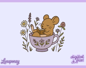 Bookish Mouse In Teacup PNG | Cute Wildflower Reading Mouse Clipart | Cottagecore Bookish Lover Sublimation | Cut File for Cricut | Book Art