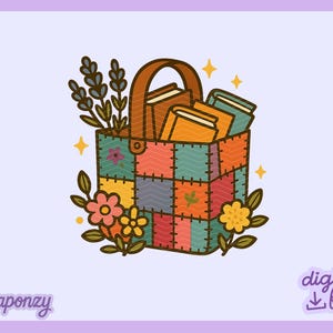 May include: A digital illustration of a colorful basket filled with books and adorned with flowers and lavender. The basket is made of patchwork squares in various colors. The image has a whimsical, hand-drawn style.