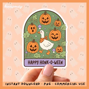 May include: A die-cut sticker featuring a white goose wearing an orange star-patterned bandana, surrounded by five orange jack-o'-lanterns, green vines, and small purple mushrooms on a green background, with the text HAPPY HONK-O-WEEN at the bottom.