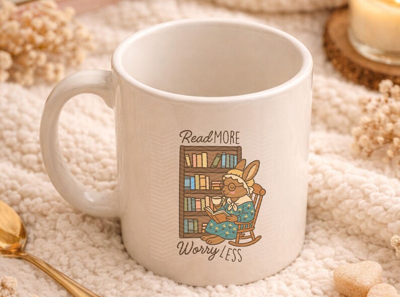 May include: Cream-colored ceramic mug with a whimsical illustration of a bunny reading in a rocking chair, next to a bookshelf. The mug has the text "Read More Worry Less". The mug has a curved handle.