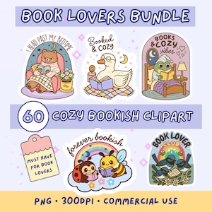 Pacchetto di 60 PNG Bookish, Clipart Cottagecore Book Lover, File di sublimazione Cozy Reader, Download digitale per uso commerciale