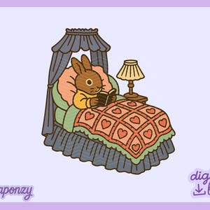 Puede incluir: Ilustración de un conejo marrón leyendo en la cama bajo un dosel. La cama tiene un edredón con estampado de corazones y una pequeña lámpara. La imagen tiene el texto "digital file!" y "Lunaponzy".