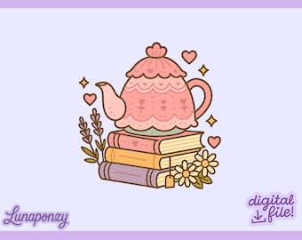 Cozy Teapot and Books PNG | Cottagecore Book Lover Clipart | Whimsical Cozy Tea and Reading Sublimation | Bookish Digital Sticker Design