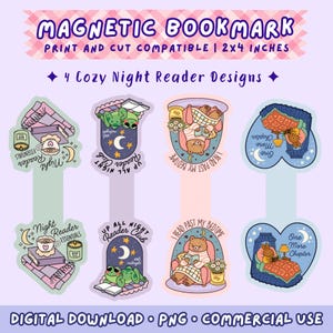 May include: A set of magnetic bookmarks with a cozy night reader theme. Each bookmark features a unique design, including a frog reading, a bear reading, and a bed with a rabbit. The text on the bookmarks includes "Night Reader Essentials" and "One More Chapter."