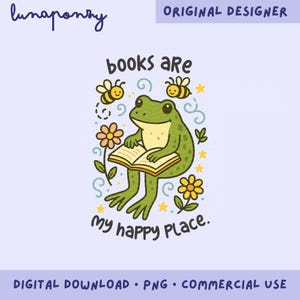 本は私の幸せな場所 PNG | 本好きのカエルの読書アート | 居心地の良い読書好きステッカー | 読書クリップアート