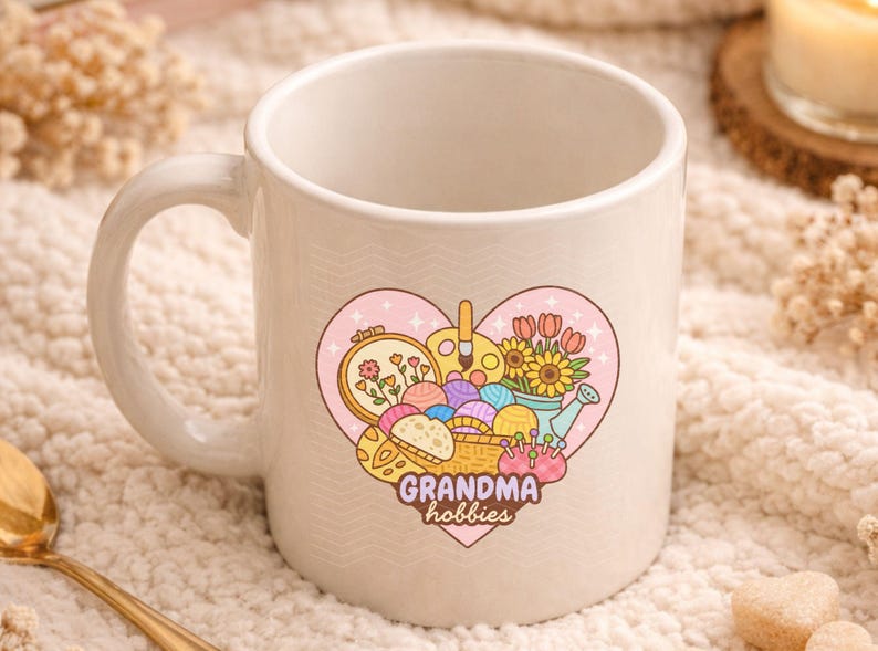 May include: A cream-colored ceramic mug with a heart-shaped graphic featuring craft supplies. The graphic includes embroidery, paintbrushes, yarn, flowers, and the text "grandma hobbies". The mug has a curved handle.