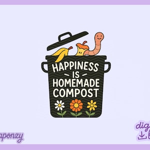 Puede incluir: Ilustración de un cubo de compostaje negro con el texto "HAPPINESS IS HOMEMADE COMPOST". El cubo contiene una cáscara de plátano, un corazón de manzana y un gusano sonriente. Tres flores decoran el frente. La imagen tiene un borde lila claro.