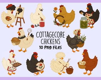 Cottagecore Chickens PNG Bundle | Whimsical Farmhouse Clipart | Cozy Chicken Hen Illustrations | Homestead Art | Country Life Aesthetic PNG