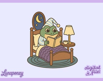 Gezellige leesgrage kikker voor het slapengaan | Schattig lezen pad clipart | Booktok-sublimatie | Vintage Cottagecore Esthetic Lover | Cadeau Kawaii-boekenliefhebber